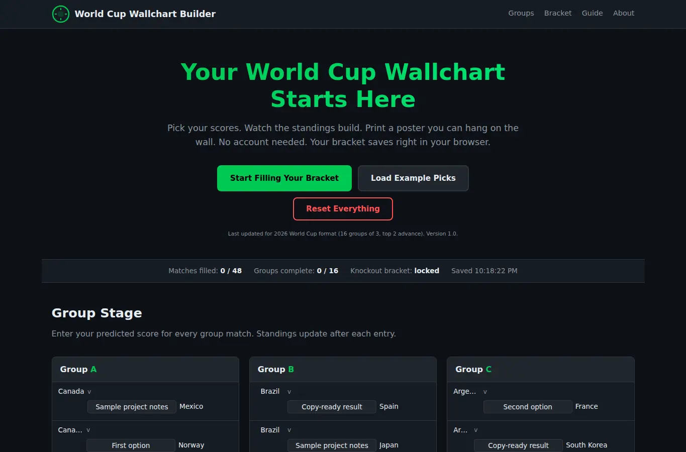 Screenshot of World Cup Wallchart Builder interface showing the project page in use
